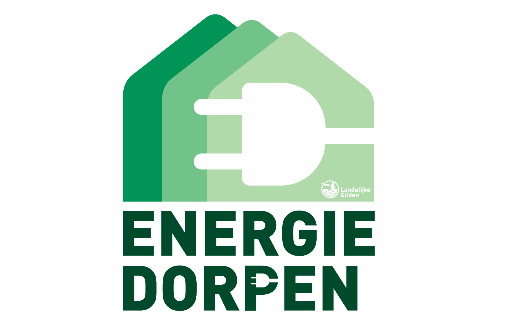 Logo Energiedorpen. 3 groene huisjes met een stekker door
