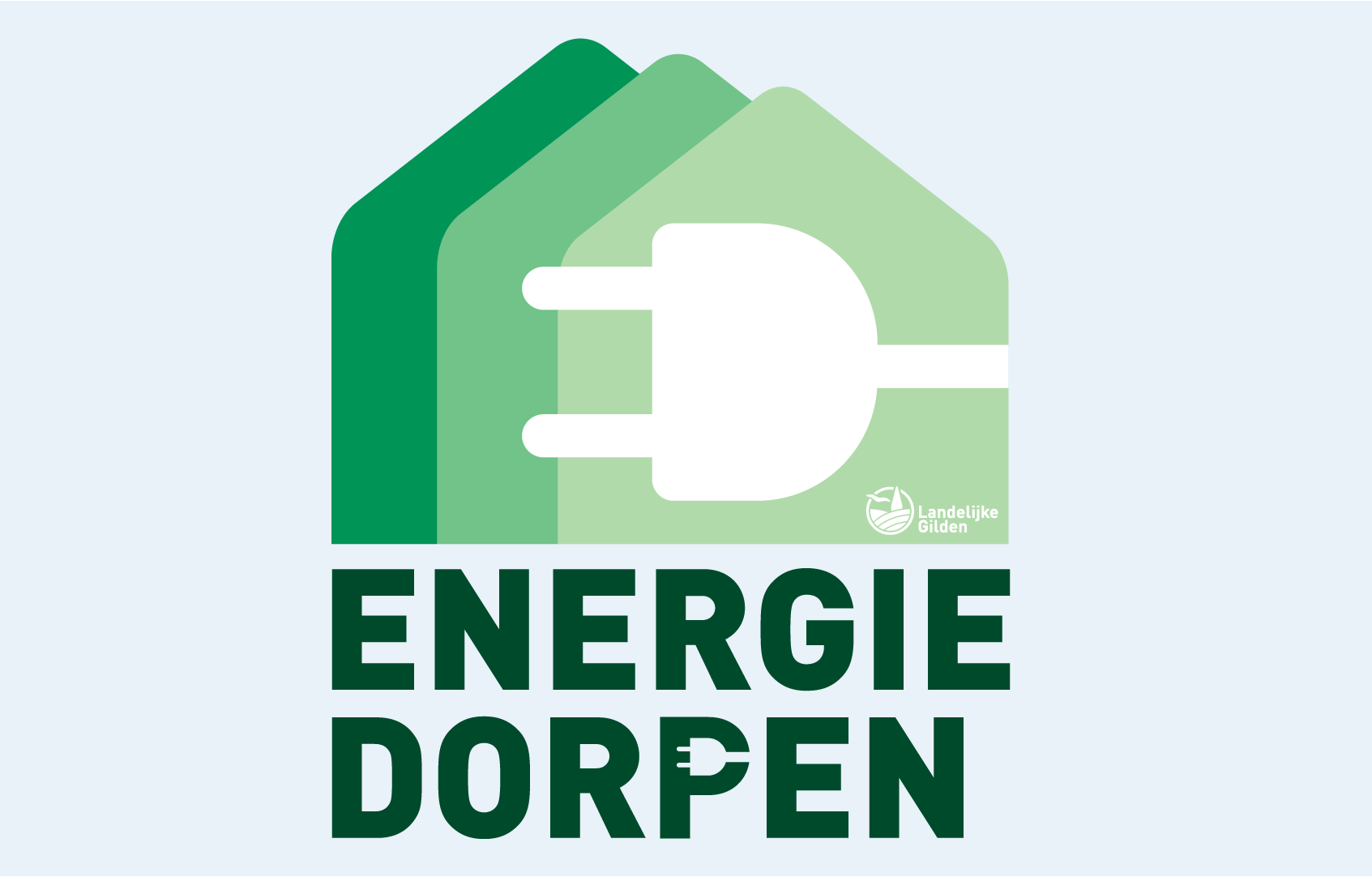 Logo Energiedorpen. 3 groene huisjes met een stekker door